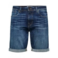 Short 5 Poches Selected En Coton Biologique Super Stretch Indigo Délavé à Surpiqûres Contrastées