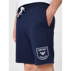 Emporio Armani Short De Jogging 2 Poches Bleu Marine Uni En Coton Mélangé Avec Logo Blanc -Passons à la mode masculine ! 100388 129744vt short de jogging 2 poches marine uni en coton melange avec logo blanc 04 600x600
