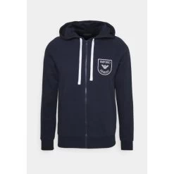 Emporio Armani Sweat Zippé à Capuche Marine Uni En Coton Mélangé Avec Logo Blanc Au Coeur
