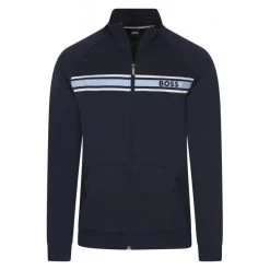 Cardigan Zippé Col Montant Boss En Coton Bleu Marine Avec Bande Bicolore