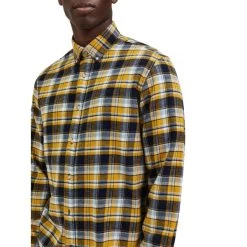 Chemise Selected Jaune à Carreaux Regular Fit Avec Manches Longues Et Col Américain