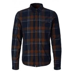 Chemise Droite Tom Tailor En Coton Bleu Marine à Carreaux Avec Manches Longues Et Col Italien