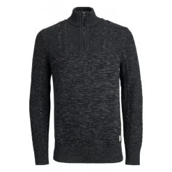 Pull Col Camionneur Zippé Jack & Jones En Coton Anthracite Chiné