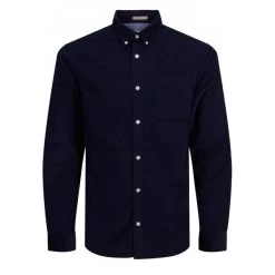 Chemise Slim Jack & Jones En Coton Bleu Marine Avec Manches Longues Et Col Italien
