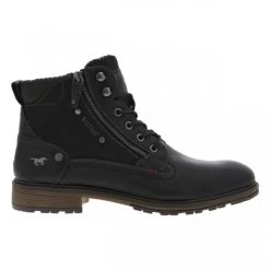 Bottines Noires Mustang à Semelle Plate à Talon Décroché Bas Et à Lacets Et Zip Latéral