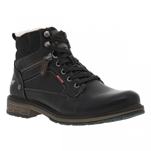 Boots Mustang Noires, Fourrées En Laine, à Talon Décroché Bas Et à Lacets Et Zip Latéral 4 Boots Mustang Noires, Fourrées En Laine, à Talon Décroché Bas Et à Lacets Et Zip Latéral – Image 2