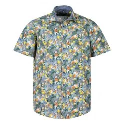 Chemise CASA MODA Avec Manches Courtes Et Col Italien Bleu Avec Imprimé Floral Et Citron
