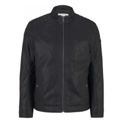 Blouson Tom Tailor En Smili Cuir Noir Uni à Col Motard Zippé Et épaules Renforcées