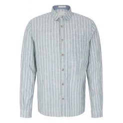 Chemise Tom Tailor En Lin Et Coton Avec Manches Longues Et Col Français Verte Rayée