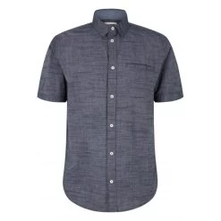 Chemise Tom Tailor En Coton Avec Manches Courtes Et Col Italien Bleu Bleu Marine Chiné