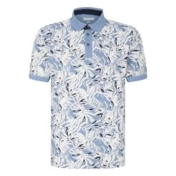Polo En Maille Piquée Tom Tailor En Coton Avec Manches Courtes Et Col Boutonné Bleu Imprimé Feuille Tropical