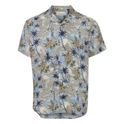 Chemise Droite Blend En Coton Bleu à Motif Tropical, Col Cubain Et Manches Courtes