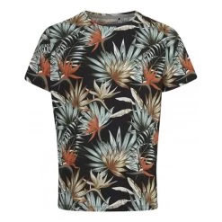 T-shirt Blend En Coton Noir à Motif Fleuri Exotique, à Coupe Droite Et Col Rond