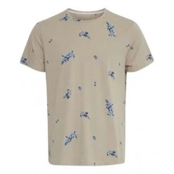 T-shirt Blend En Coton Beige à Motif Fleuri Bleu Vif, à Coupe Droite Et Col Rond