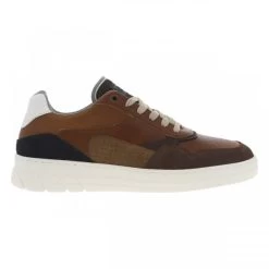 Sneakers Bullboxer En Cuir Marron à Semelle Semi-compensée Blanche Et Lacets Plats
