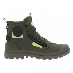 Baskets Montantes Palladium En Toile Kaki à Semelle Boots, Détails Noir Et Fluo