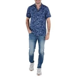 Chemise Droite Deeluxe Avec Manches Courtes Et Col Italien Bleu Marine Fleurie