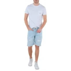 Short Coupe Longue à 5 Poches Deeluxe En Coton Bleu Aspect Usé