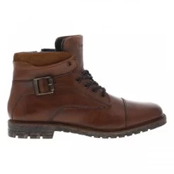 Boots Fourrées Bugatti, En Cuir Patiné Cognac, à Semelle Plate Et Lacets Et Zip Latéral