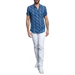 Chemise Avec Manches Courtes Et Col Français Delahaye Coton Bleu Fleuri