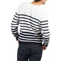 Pull Avec Manches Longues Et Col Rond Mise Au Green Coton Blanc Rayé -Passons à la mode masculine ! 115830 151103vt pull avec manches longues et col rond mise au green coton blanc raye 02 600x600