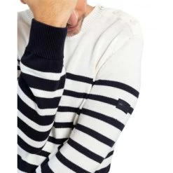 Pull Avec Manches Longues Et Col Rond Mise Au Green Coton Blanc Rayé -Passons à la mode masculine ! 115830 151103vt pull avec manches longues et col rond mise au green coton blanc raye 04 600x600