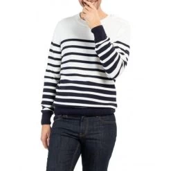 Pull Avec Manches Longues Et Col Rond Mise Au Green Coton Blanc Rayé -Passons à la mode masculine ! 115830 151103vt pull avec manches longues et col rond mise au green coton blanc raye 05 600x600