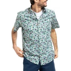 Chemise Avec Manches Courtes Et Col Américain Mise Au Green Coton Verte Fleurie