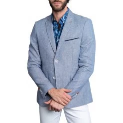 Blazer Avec Un Col Cubain Delahaye Bleu En Coton Et En Lin
