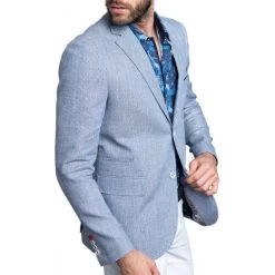 Devant -Passons à la mode masculine ! 117125 150038vt blazer avec un col cubain delahaye bleu en coton et en lin 02 600x600