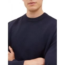 Pull Col Rond Tom Tailor En Coton Avec Manches Longues Bleu Marine Point De Riz -Passons à la mode masculine ! 119663 156847vt pull col rond tom tailor en coton avec manches longues bleu marine point de riz 04 600x600