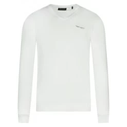 Pull Col V Teddy Smith Coton Blanc Avec Manches Longues Et Logo Brodé