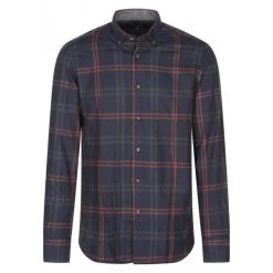 Chemise Droite Bande Originale En Coton Avec Manches Longues Et Col Américain Bleu Marine à Carreaux