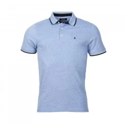 Polo Manches Courtes Jack & Jones Paulos En Coton Piqué Bleu Ciel à Liserés Bleu Marine