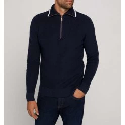Pull Col Zippé Tom Tailor En Coton Mélangé Bleu Marine -Passons à la mode masculine ! 95224 tom tailor h21 pull 1026511 10668 bleu marine pull col zippe tom tailor en coton melange bleu marine 4 600x600